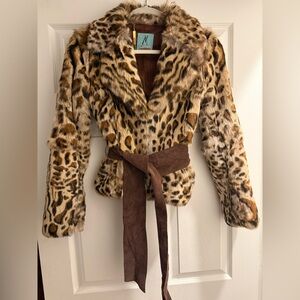 Genuine Rabbit Fur Leopard Print Coat with Suede Belt